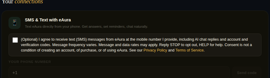 eAura Dashboard > Connections, showing the unchecked SMS consent checkbox with the full consent language above the disabled mobile number field